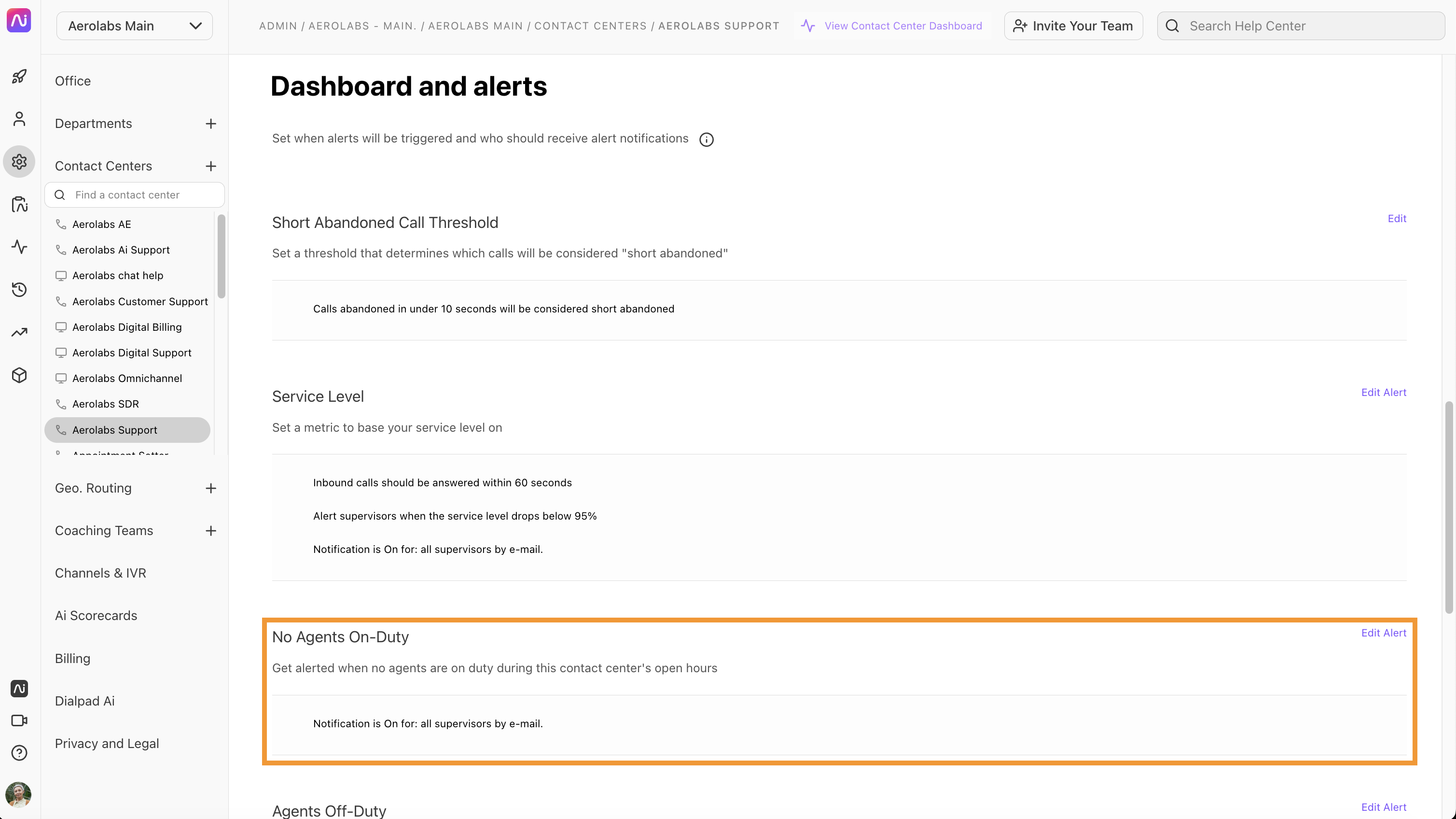 Dashboard settings for alert notifications regarding agent availability and service levels.